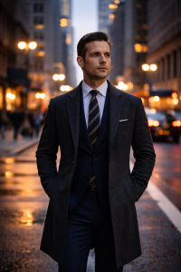 What it means to be a gentleman today, a modern gentleman standing with calm confidence and presence in a city at dusk