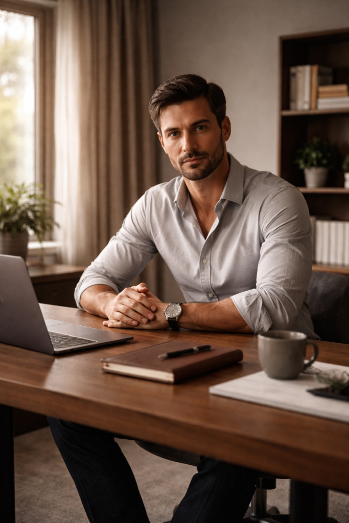 Career money discipline reflected in a focused man working intentionally in a home office