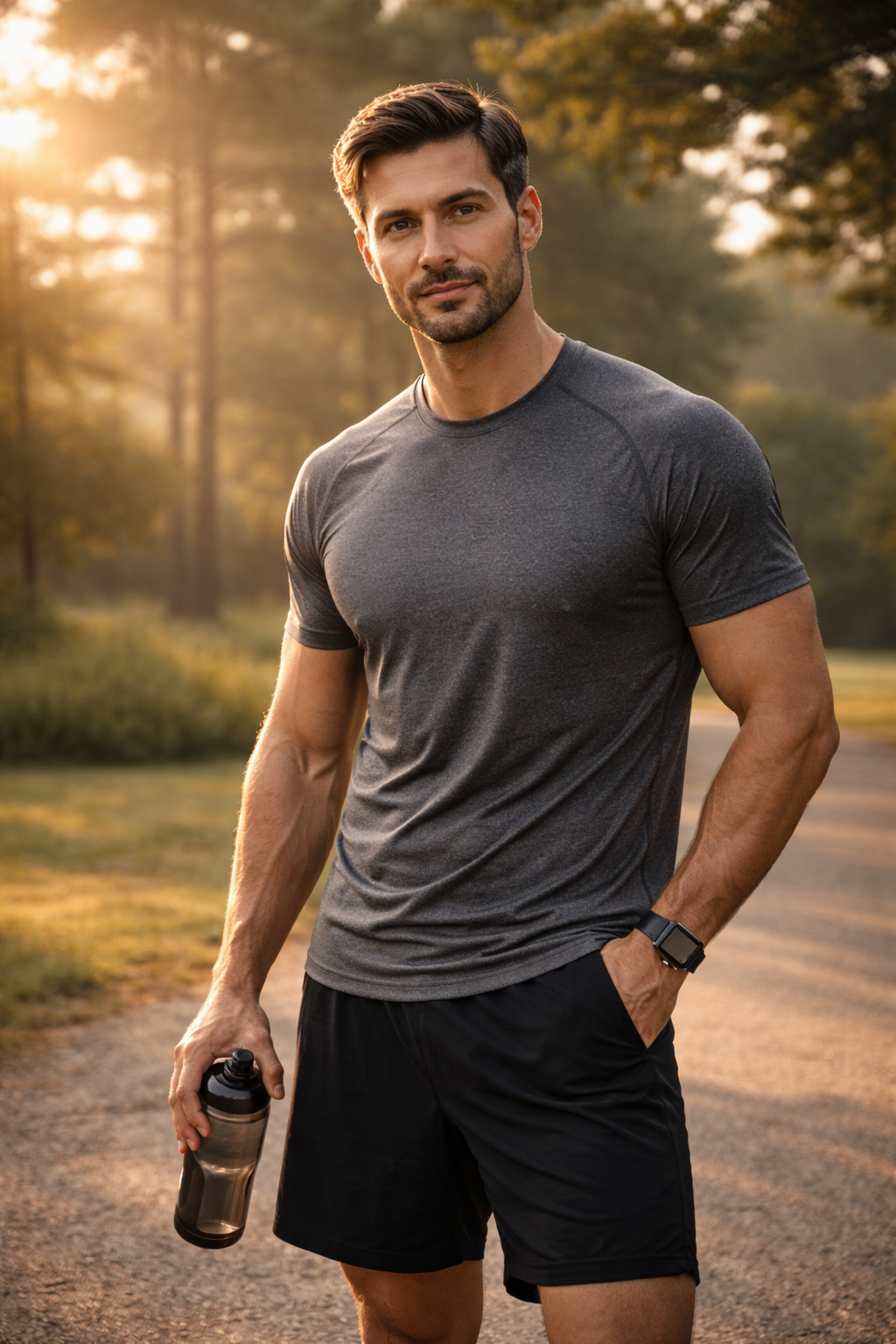 Health fitness energy reflected in a strong man standing confidently after a morning workout