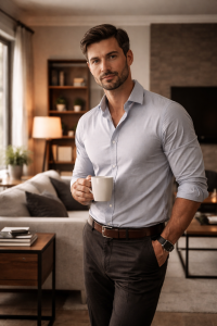 Home habits standards reflected in a well dressed man standing confidently in a calm and intentional living space