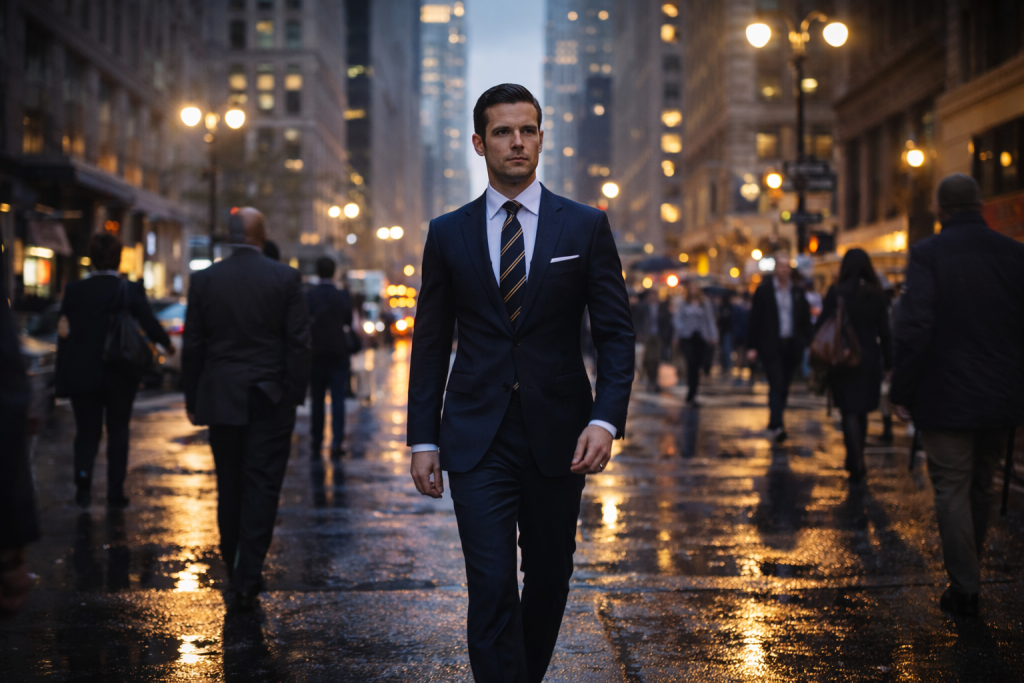 Modern gentleman walking confidently through New York City at dusk, representing the Gentleman Home guide to character, discipline, and respect