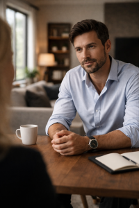 Relationship communication skills shown through a calm and attentive man listening with focus and respect in a modern living space