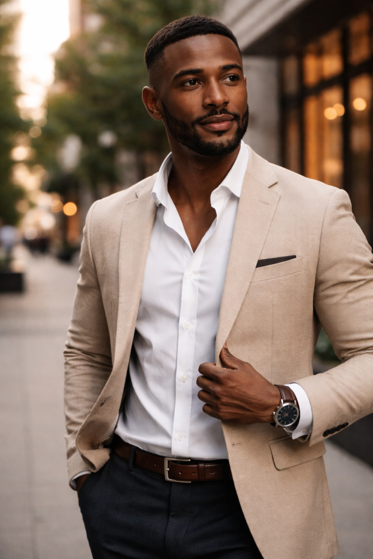 Style, grooming, and presence reflected in a well dressed man with confident posture and intentional appearance in an urban setting