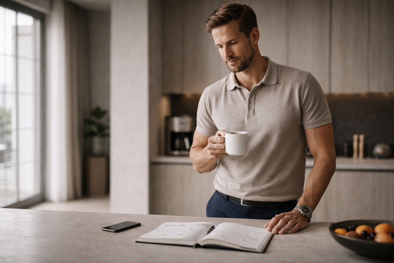 Habits that quietly upgrade your life shown through a man reviewing his daily planner with coffee in a modern kitchen