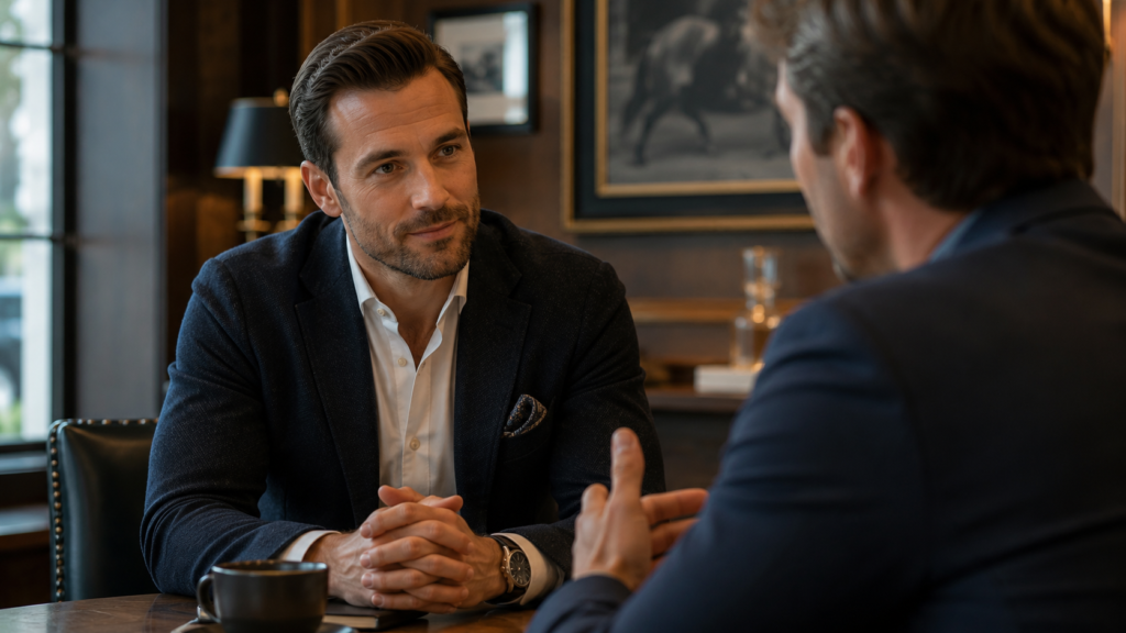 A gentleman listening attentively during a respectful conversation, demonstrating how to communicate without needing to win.