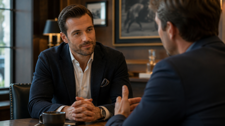 A gentleman listening attentively during a respectful conversation, demonstrating how to communicate without needing to win.