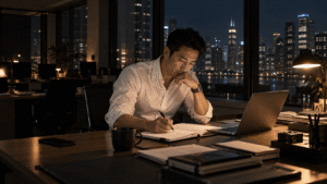 Self discipline demonstrated by a man working alone in an office after hours