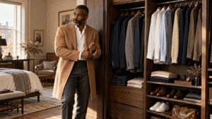 Timeless wardrobe for men featuring a stylish gentleman in a camel overcoat standing beside an organized collection of classic menswear essentials.