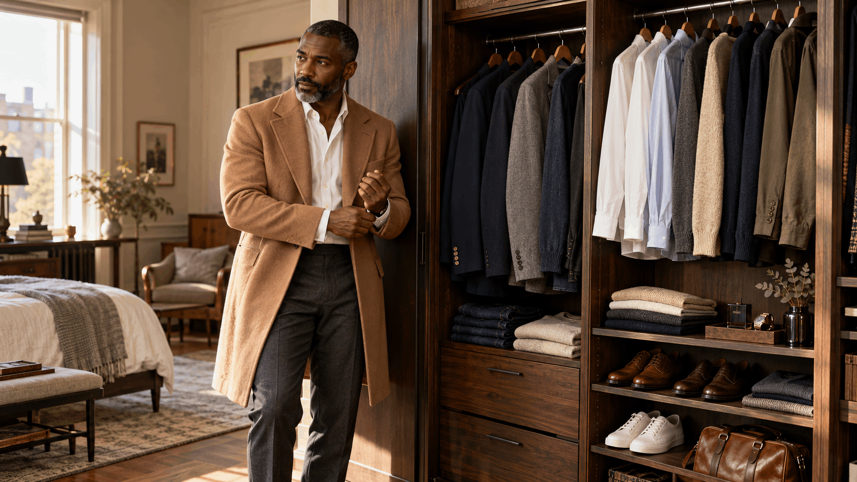 Timeless wardrobe for men featuring a stylish gentleman in a camel overcoat standing beside an organized collection of classic menswear essentials.